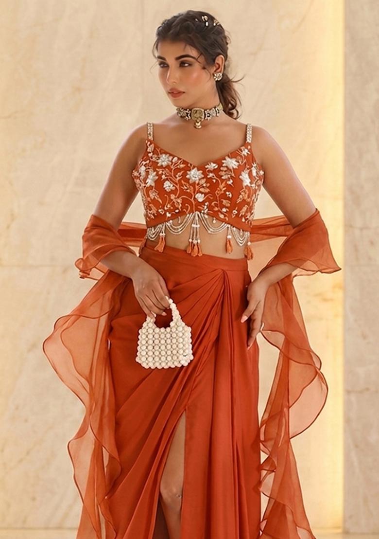 Rust Embroidered Handwork Fusion Set - Indya