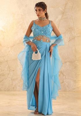 Sky Blue Embroidered Handwork Fusion Set