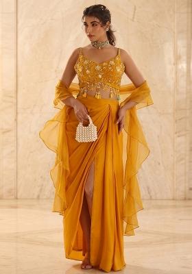 Yellow Embroidered Handwork Fusion Set