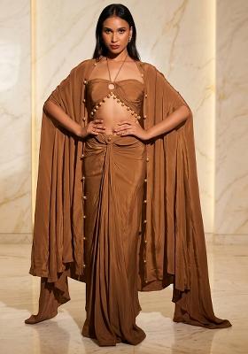 Beige Embroidered Handwork Fusion Set
