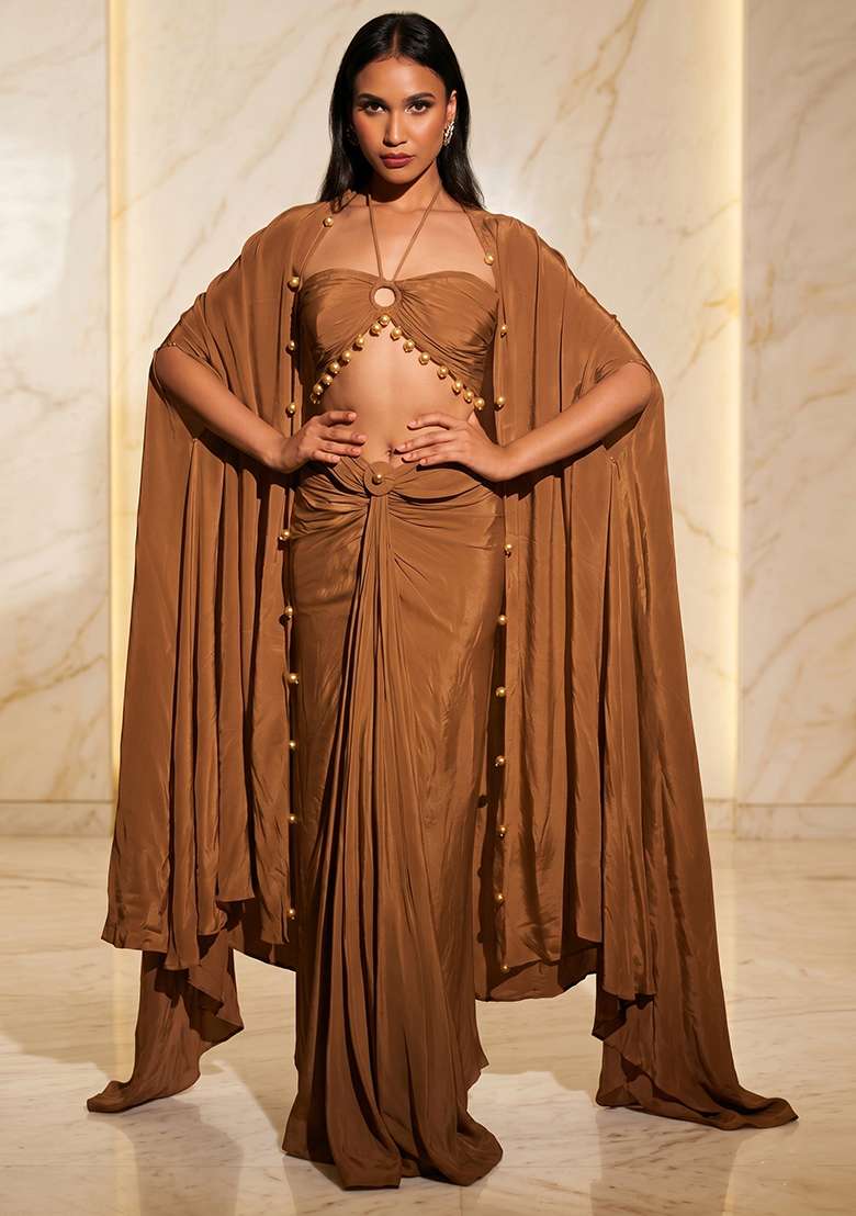 Beige Embroidered Handwork Fusion Set - Indya