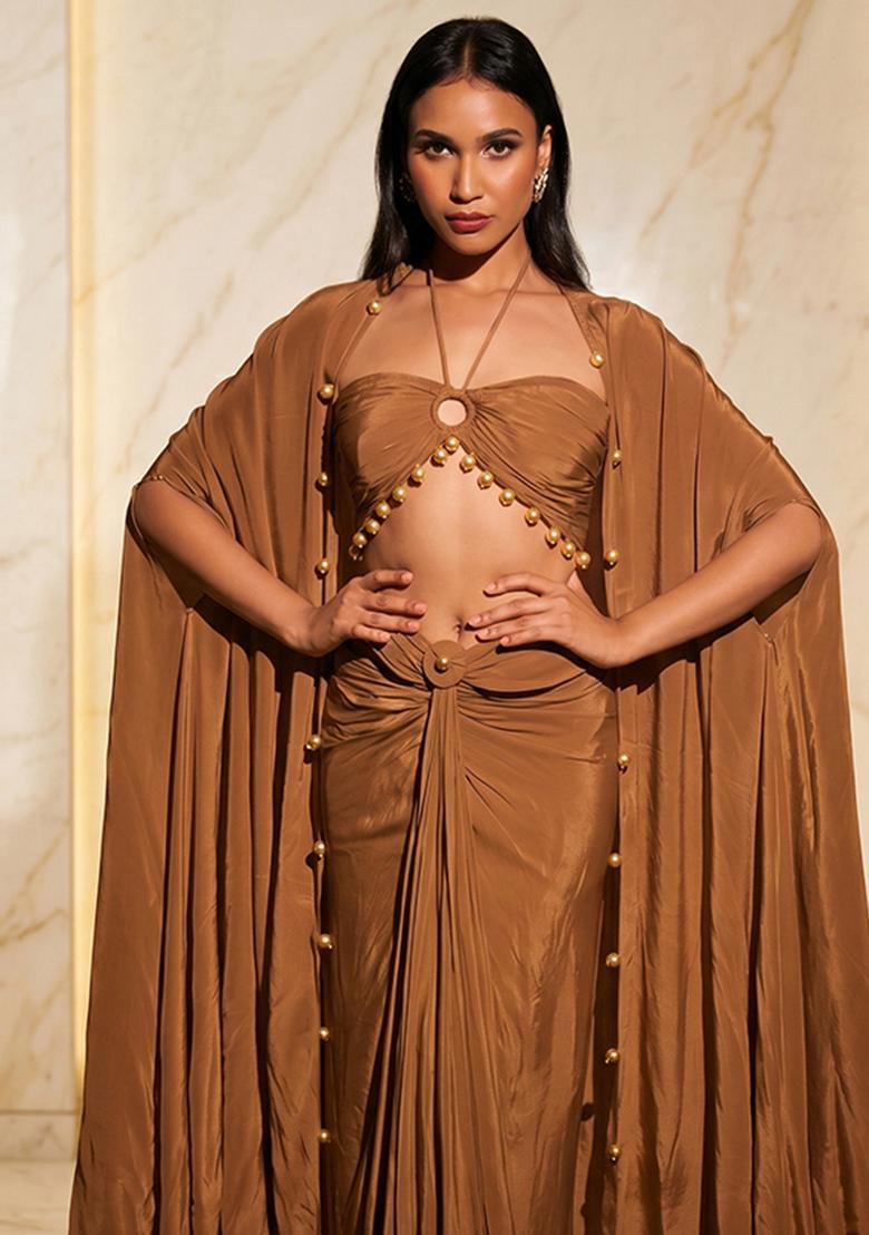 Beige Embroidered Handwork Fusion Set - Indya