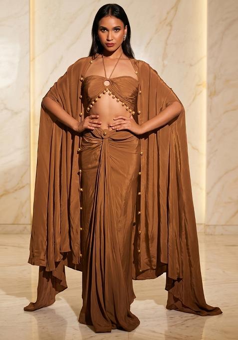 Beige Embroidered Handwork Fusion Set