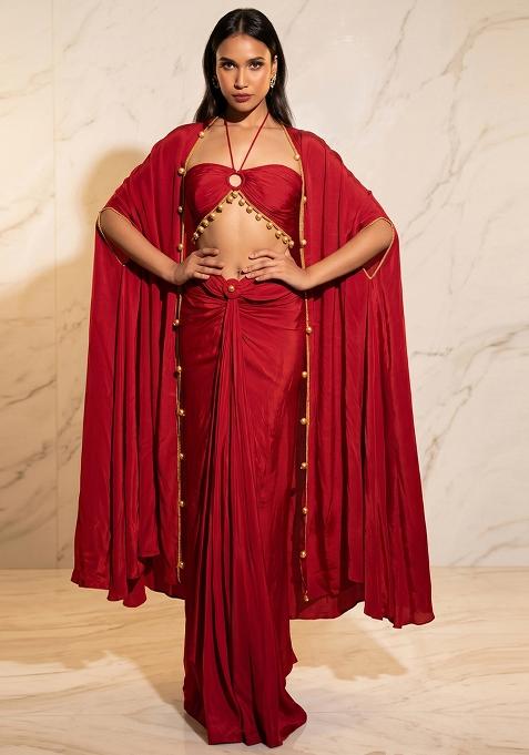 Red Embroidered Handwork Fusion Set