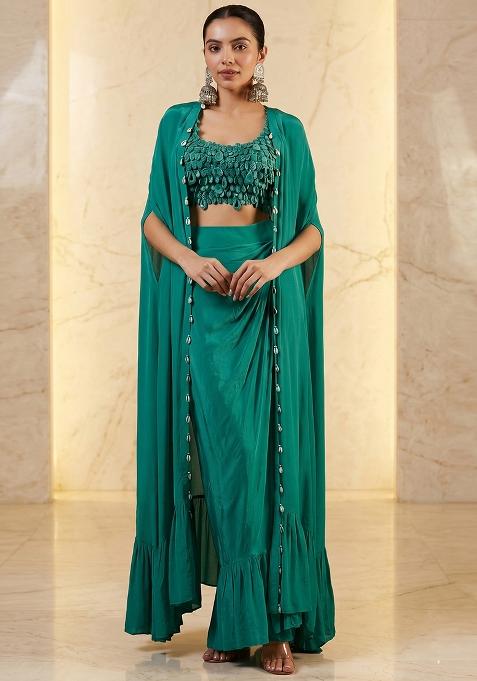 Green Embroidered Handwork Fusion Set