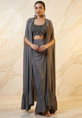 Grey Embroidered Handwork Fusion Set
