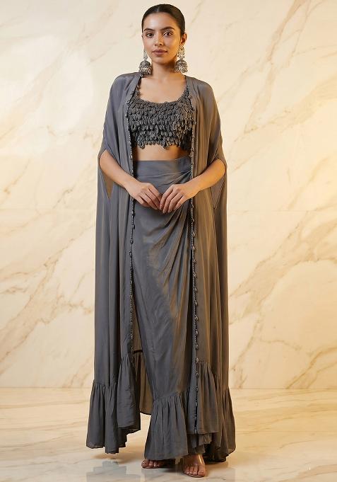 Grey Embroidered Handwork Fusion Set