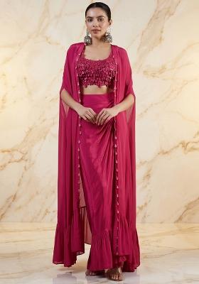 Hot Pink Embroidered Handwork Fusion Set
