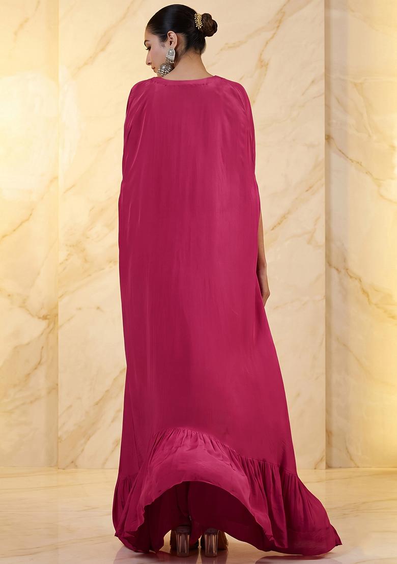 Hot Pink Embroidered Handwork Fusion Set - Indya