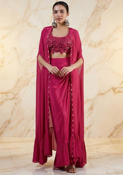 Hot Pink Embroidered Handwork Fusion Set