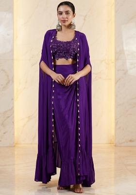 Purple Embroidered Handwork Fusion Set