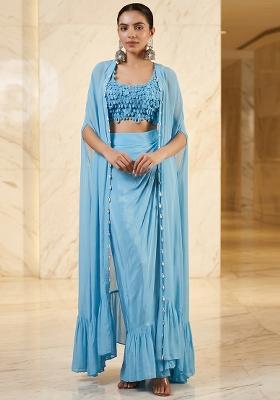 Sky Blue Embroidered Handwork Fusion Set