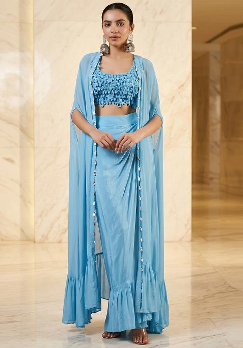 Sky Blue Embroidered Handwork Fusion Set
