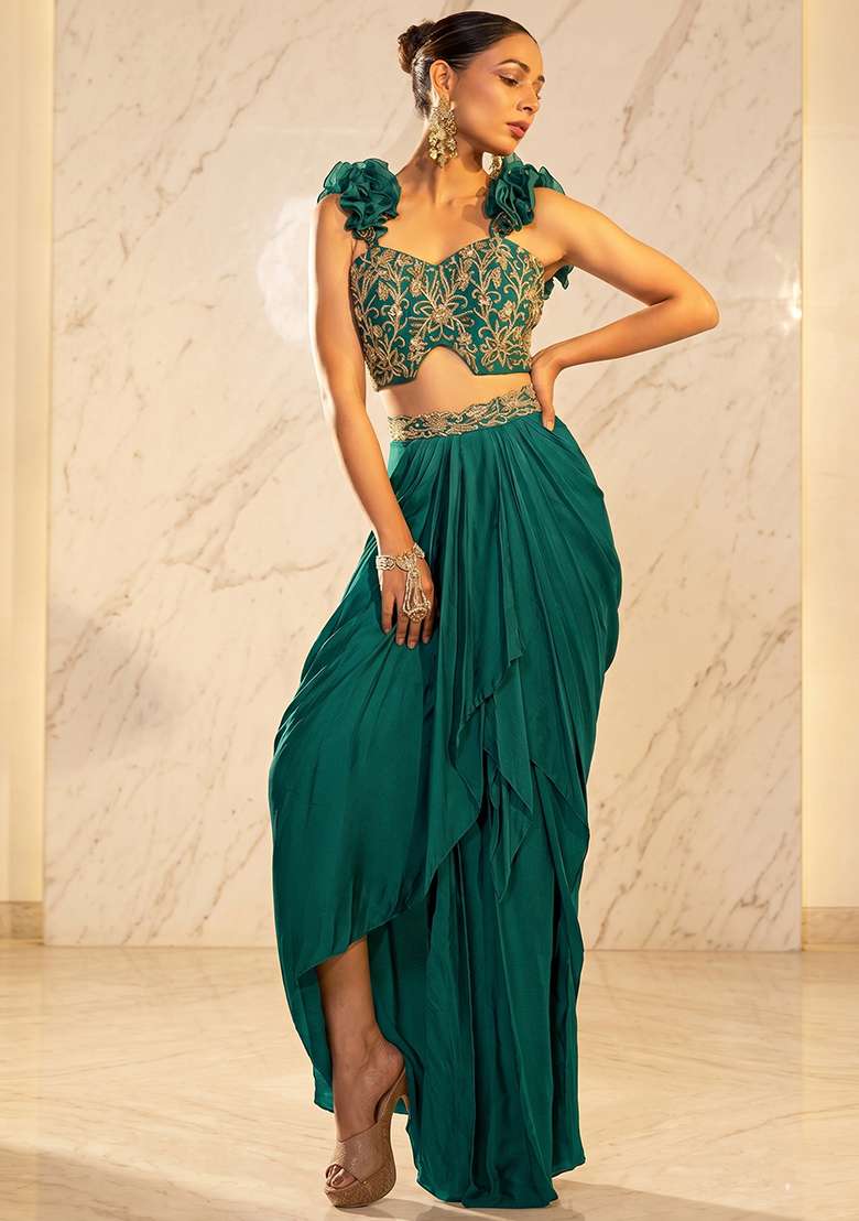 Green Embroidered Handwork Fusion Set - Indya