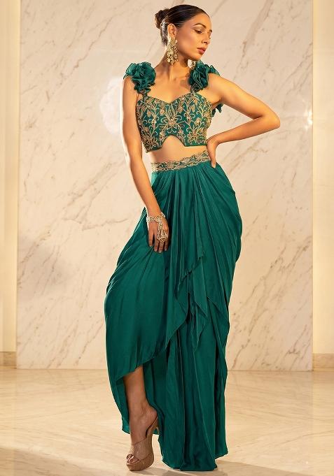 Green Embroidered Handwork Fusion Set