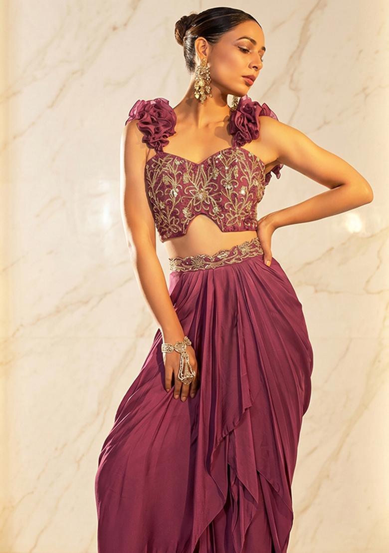 Mauve Embroidered Handwork Fusion Set - Indya