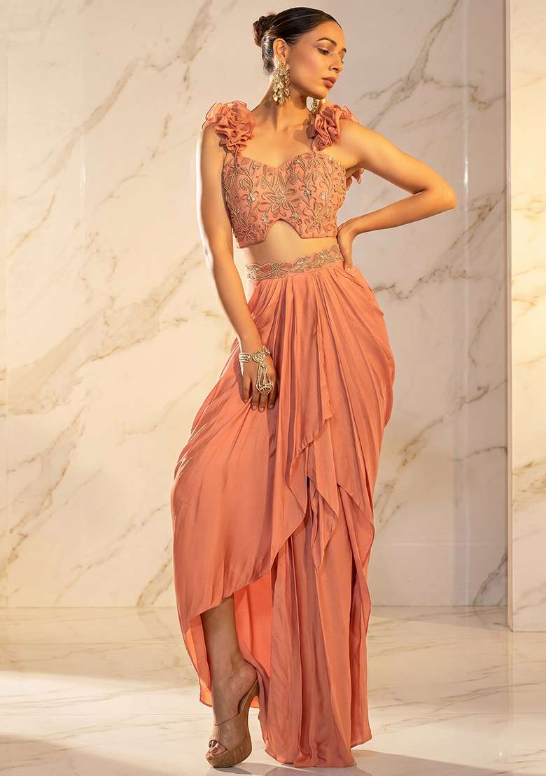 Peach Embroidered Handwork Fusion Set - Indya