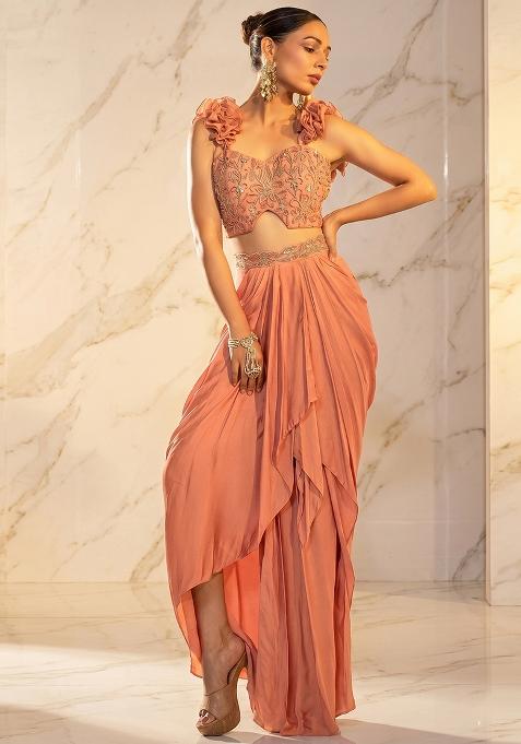 Peach Embroidered Handwork Fusion Set