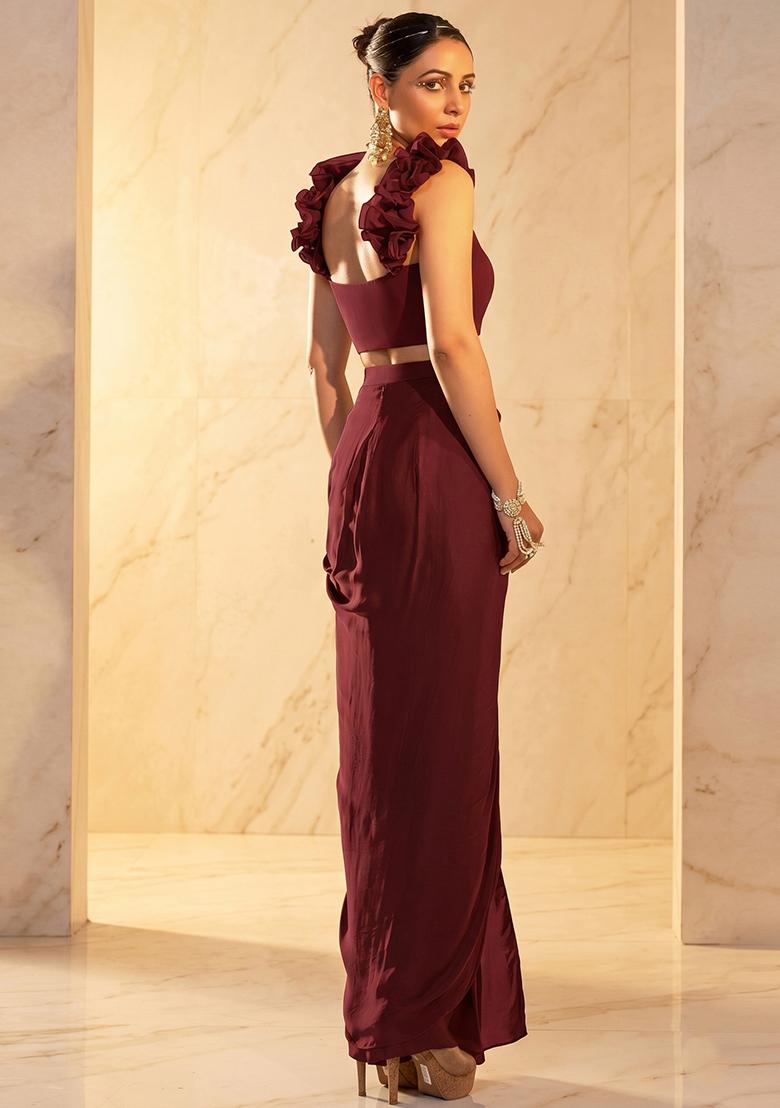 Wine Embroidered Handwork Fusion Set - Indya