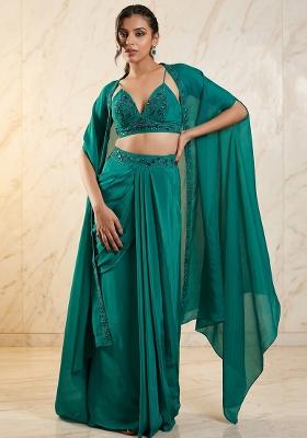 Green Embroidered Handwork Fusion Set