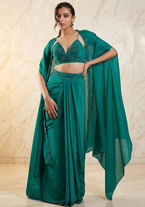 Green Embroidered Handwork Fusion Set