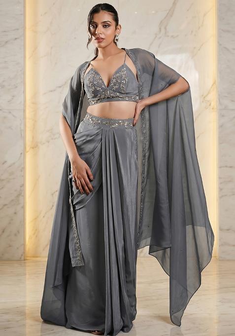 Grey Embroidered Handwork Fusion Set