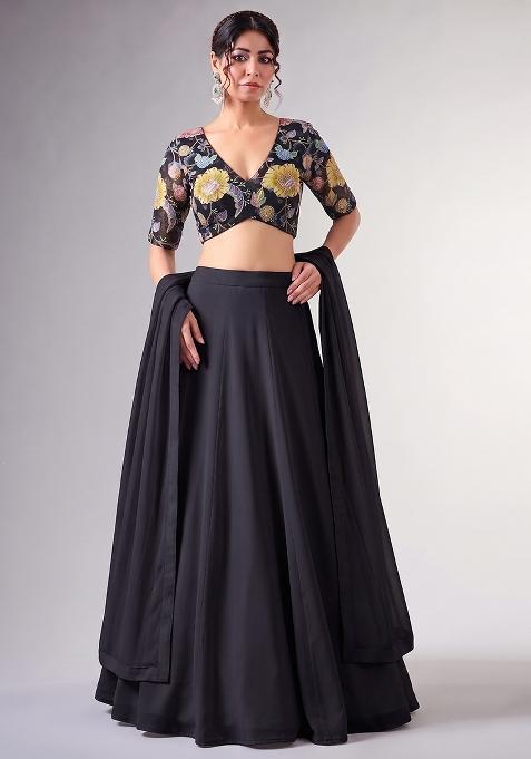 Black Printed Organza Lehenga Set