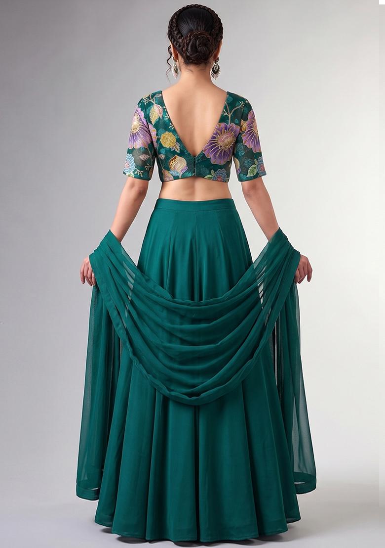 Teal Green Printed Organza Lehenga Set - Indya