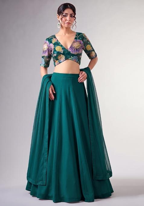 Teal Green Printed Organza Lehenga Set