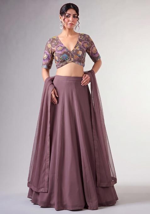 Dusty Mauve Printed Organza Lehenga Set