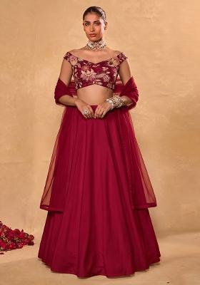Maroon Embroidered Organza Lehenga Set