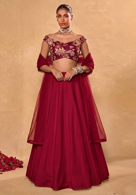 Maroon Embroidered Organza Lehenga Set