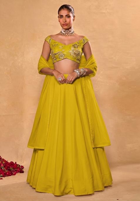 Yellow Embroidered Organza Lehenga Set