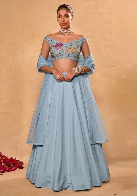 Light Blue Embroidered Organza Lehenga Set