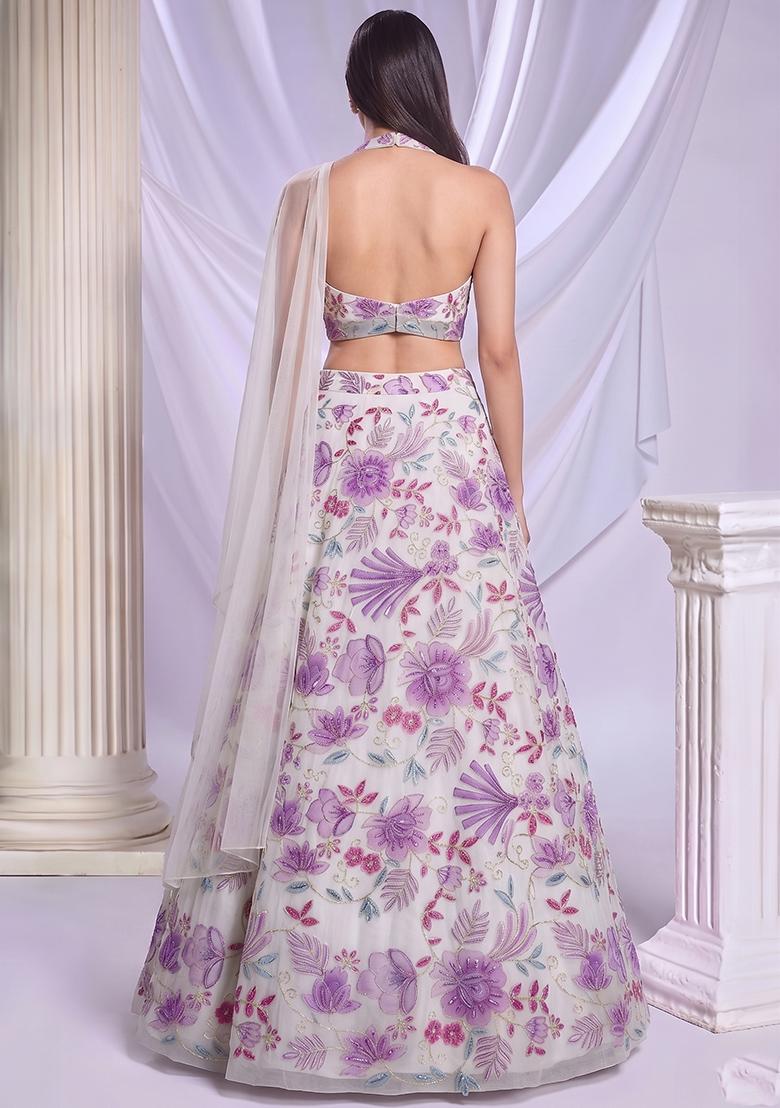 Lilac Printed Organza Lehenga Set - Indya