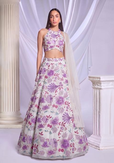 Lilac Printed Organza Lehenga Set