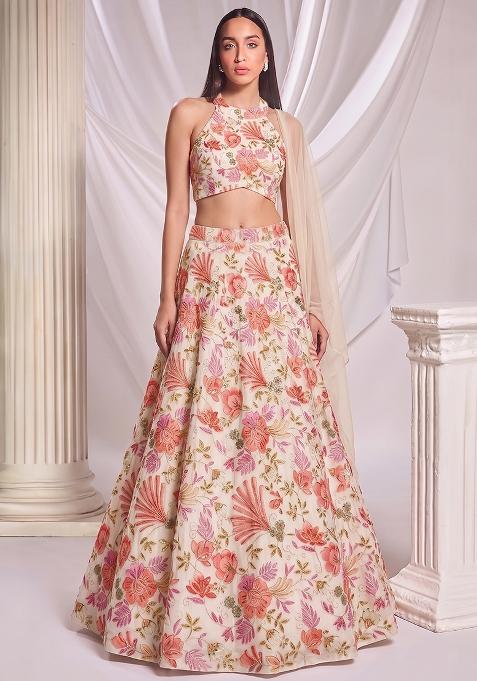 Multi Colour Printed Organza Lehenga Set