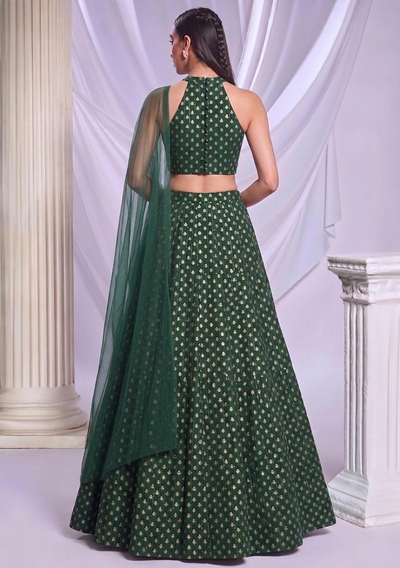 Dark Green Sequin Chanderi Lehenga Set - Indya