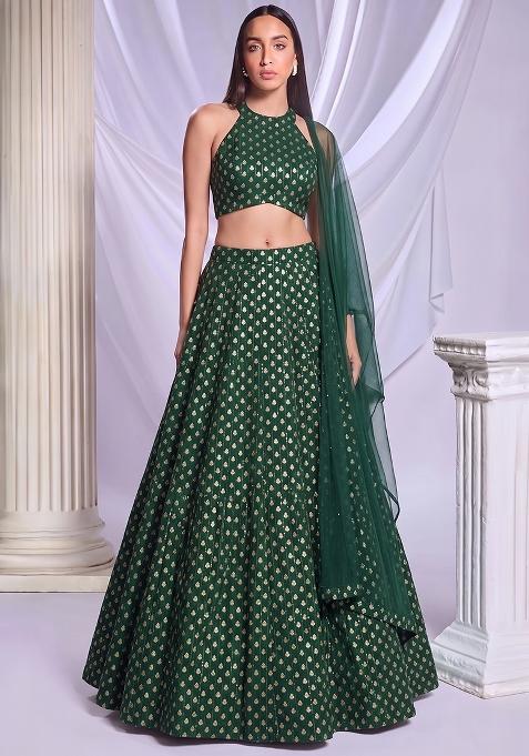 Dark Green Sequin Chanderi Lehenga Set