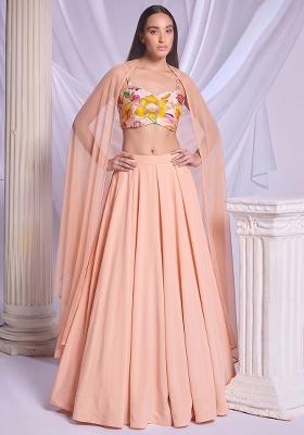 Light Peach Printed Chinon Lehenga Set