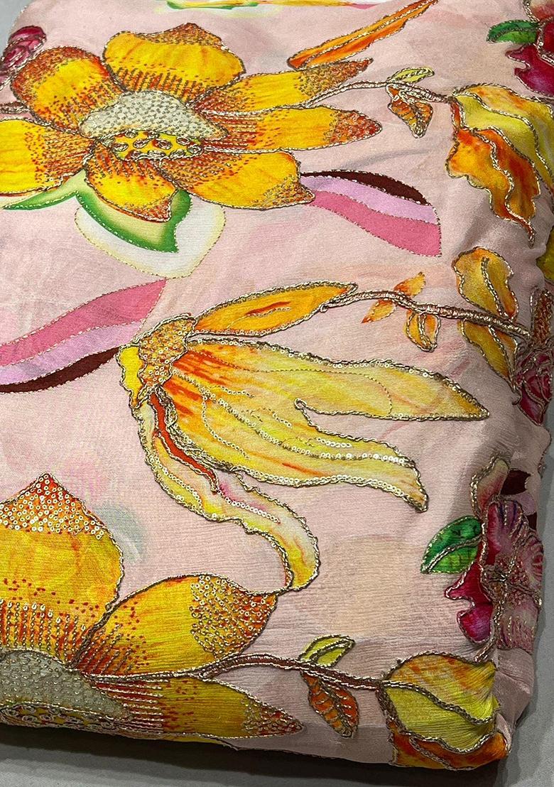 Light Peach Printed Chinon Lehenga Set - Indya