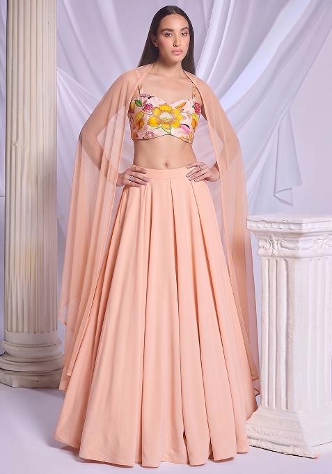 Light Peach Printed Chinon Lehenga Set