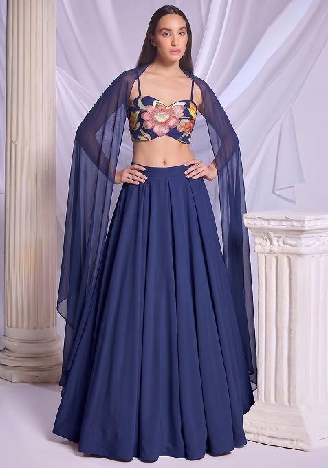 Navy Blue Printed Chinon Lehenga Set
