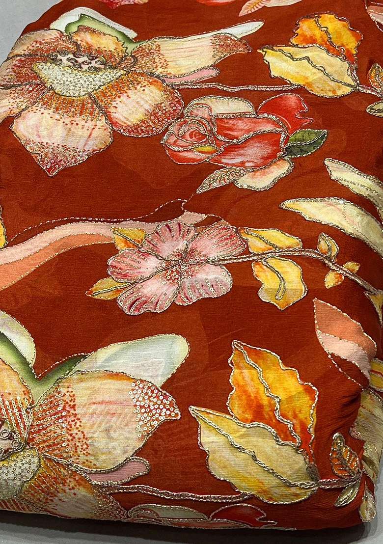 Orange Printed Chinon Lehenga Set - Indya
