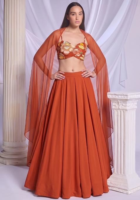 Orange Printed Chinon Lehenga Set