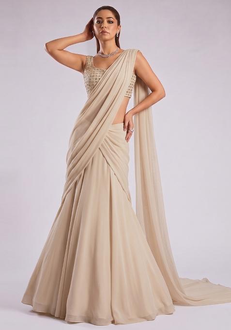 Off White Embroidered Tissue Lehenga Set