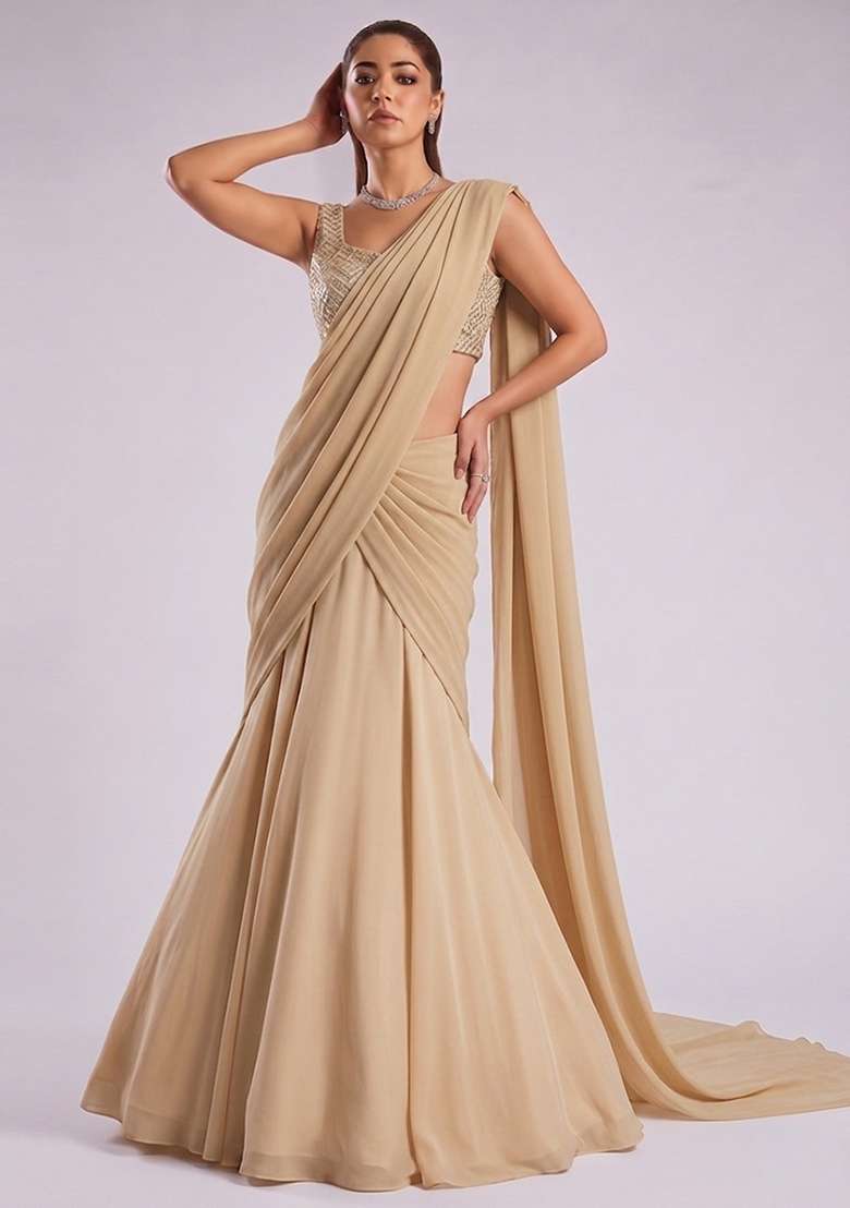 Cream Embroidered Tissue Lehenga Set - Indya