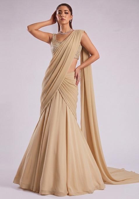 Cream Embroidered Tissue Lehenga Set