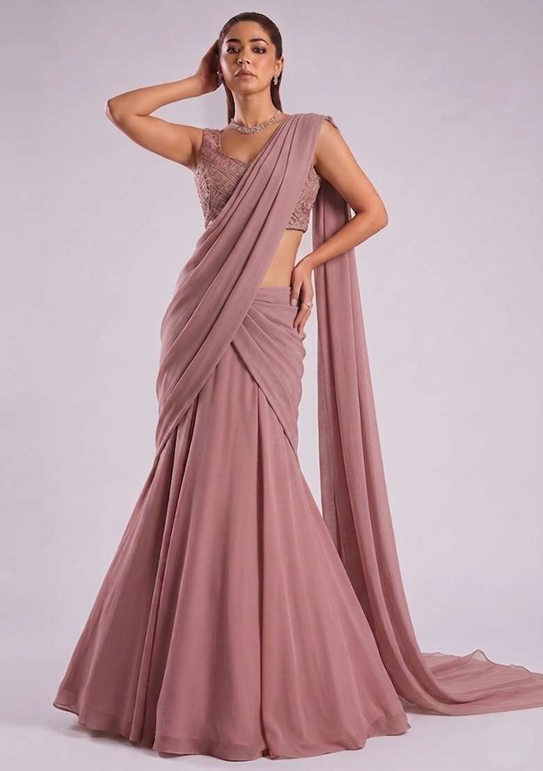 Mauve Embroidered Net Lehenga Set - Indya