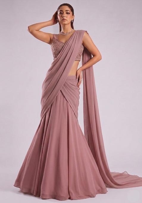 Mauve Embroidered Net Lehenga Set